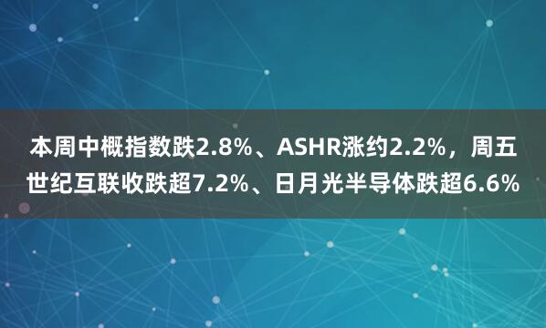 本周中概指数跌2.8%、ASHR涨约2.2%，周五世纪互联收跌超7.2%、日月光半导体跌超6.6%